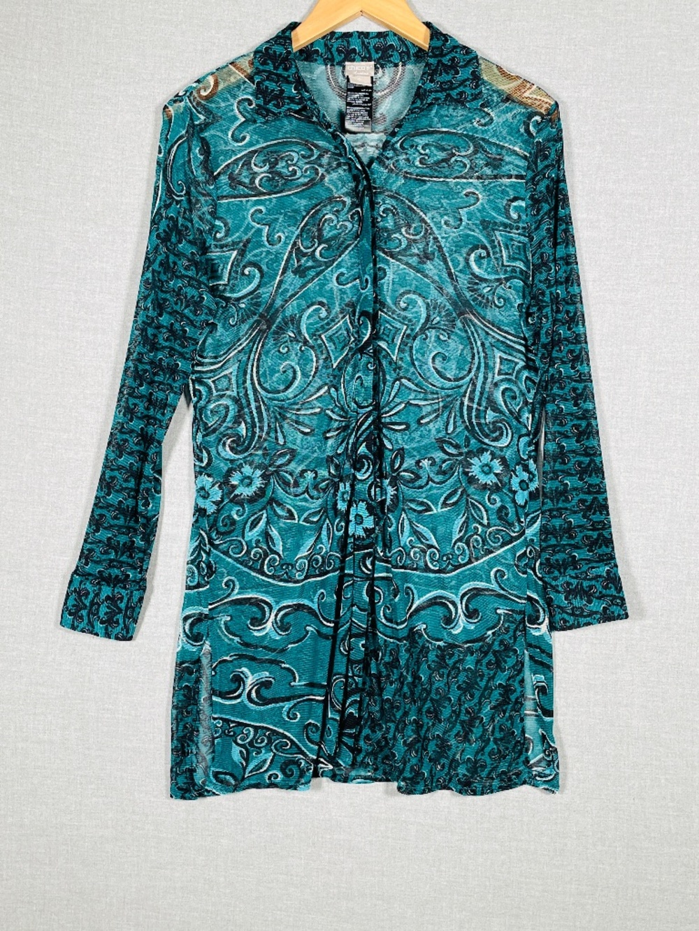 Chico's Size 0/US 4 Green Paisley Sheer Mesh Button Down Tunic Blouse Whimsigoth